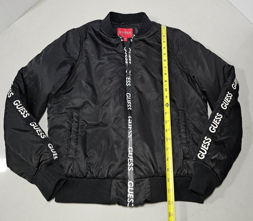 GUESS Women’s Black Bomber Jacket Size L Logo Tape Full Zip Puffer...